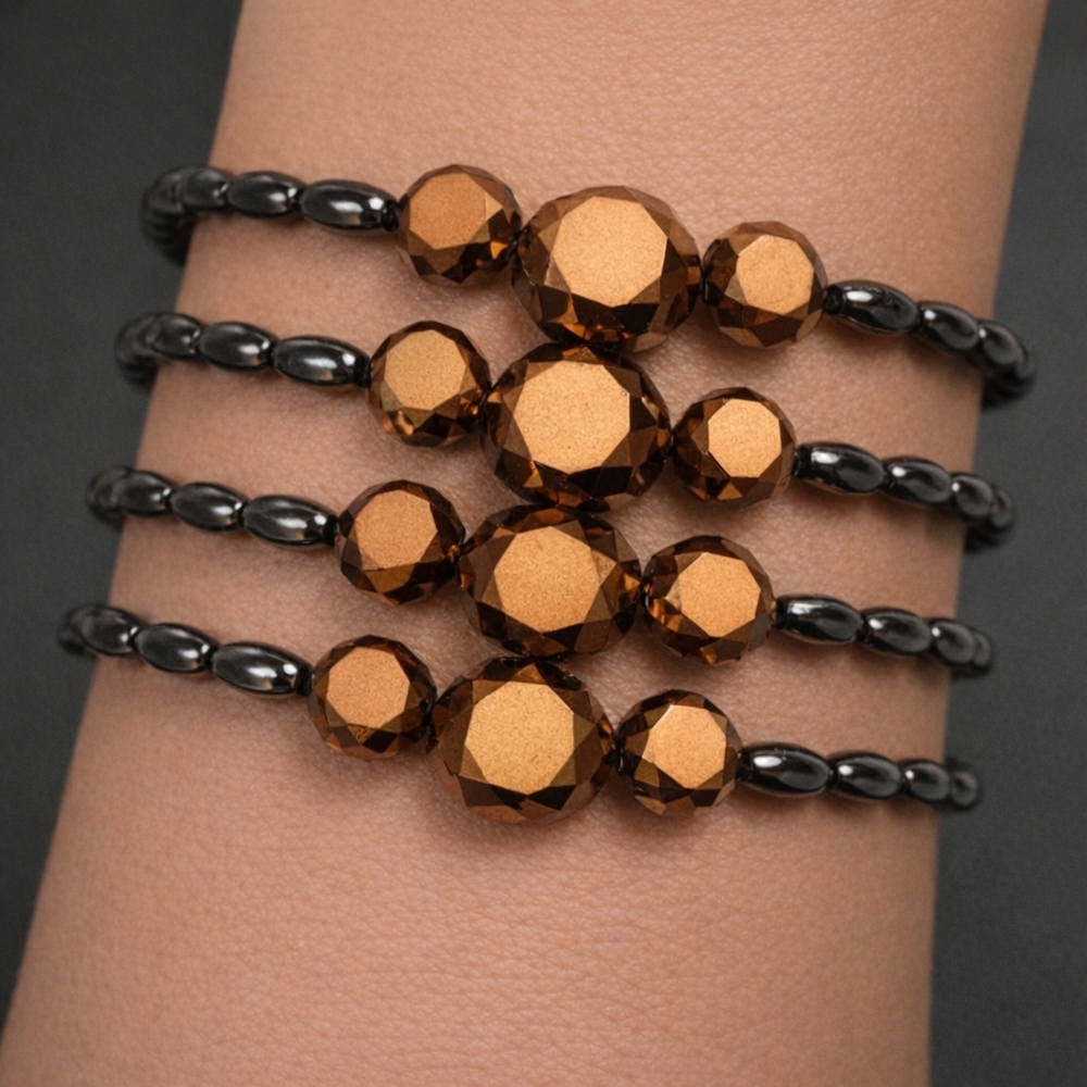 Multi-Strand Black Beaded Stretch Bracelet w/ Bronze Faceted Accents Handmade!